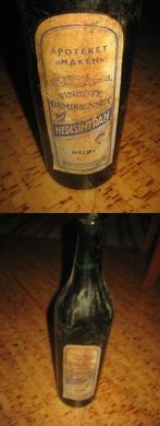 Gammel flaske MEDISINTRAN FINESTE DAMPRENSET fra APOTEKET MÅKEN MÅLØY 40 tallet Sjelden!!