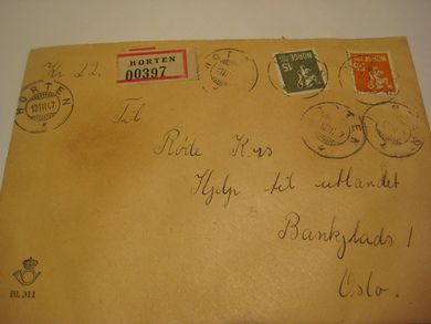Verdibrev fra HORTEN 13 3 1947 Stempel med frankering også på baksida