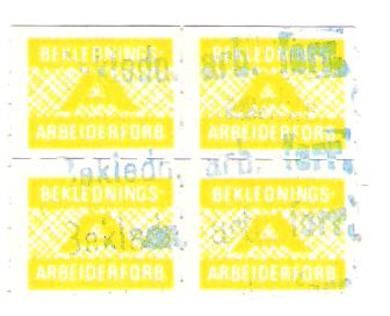 Gult fagforeningsmerke fra Beklednings Arbeider Forbundet firblokk