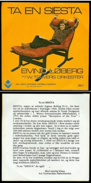 LØBERG, EIVIND: TA EN SIESTA. Reklameplate fra Vestlandske Møbelfabrikk, Sykkylven.