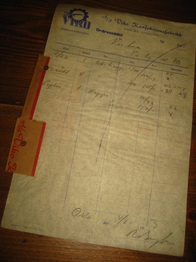 Ordreseddel fra Viko Konfeksjonsfabrikk, Sykkylven, nr 007, 1953. 