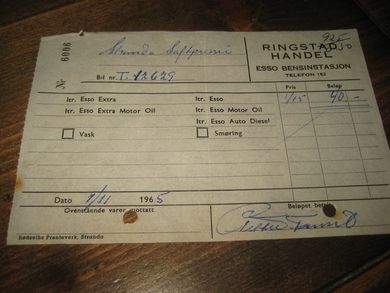 Kvitering fra RINGSTAD HANDEL ESSO BENSINSTASJON STRANDA 1 11-1965
