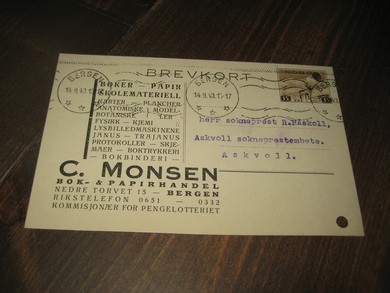 BERGEN 14.9.40. Fra C. MONSEN, BOK & PAPIRHANDEL, Bergen.