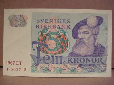 1967 ET 5 KRONOR F 503745 strøken seddel