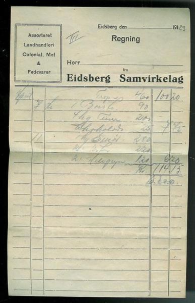 Faktura fra Eidsberg Samvirkelag i 1923 (april)