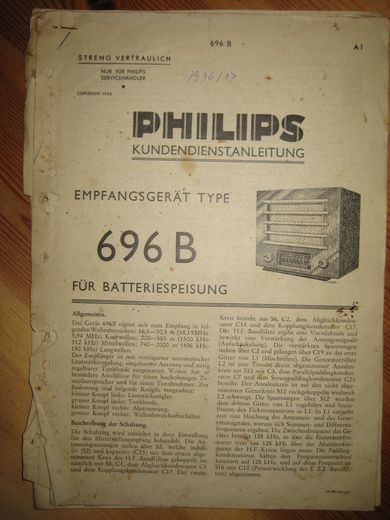 Phillips service dokumentasjon for 696B. 1936.