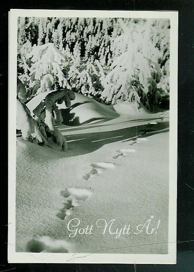 Spor i sne, nyttårskort fra 40 tallet.