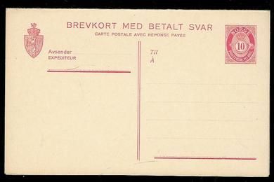 Strøkent og ubrukt brevkort med betalt svarkort