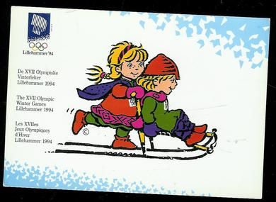 Strøkent postkort fra De XVII Olympiske Vinterleker i Lillehammer 1994.