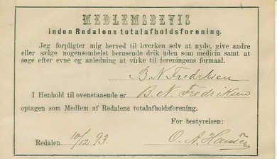1893 MEDLEMSBEVIS inden Redalens totalafholdsforening