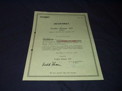 Aksjebrev i Vestfos Finans A/S Serie B 1968