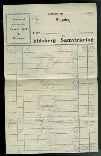 Faktura fra Eidsberg Samvirkelag i 1923. (mars)