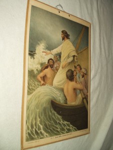Skuleplansje fra 1913. Fra Olav Norlis Forlag. Nr.7. Jesus stiller stormen paa sjøen.