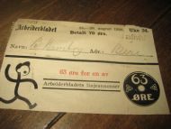 Kvitering fra Arbeiderbladet for betalt abbonement for uke 34, 1938.