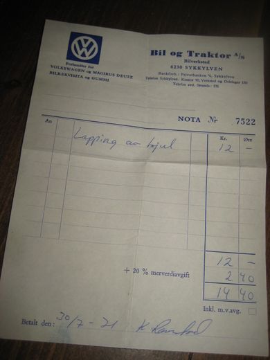 Faktura fra Bil & Traktor Bilverksted Sykkylven 1971