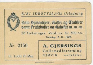 Nr 2150, Biri Idrettslags Utlodning 1929.