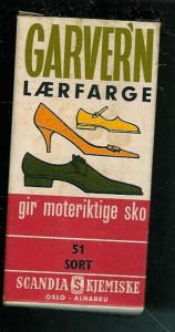 Eske med ubrukt innhold, GARVEREN lærfarve fra Scandia Kjemiske, Alnabru, Oslo. 50-60 tallet