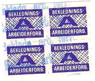 Meget pent fagforeningsmerke fra BEKLEDNINGS ARBEIDER FORBUNDET Firblokk stempla