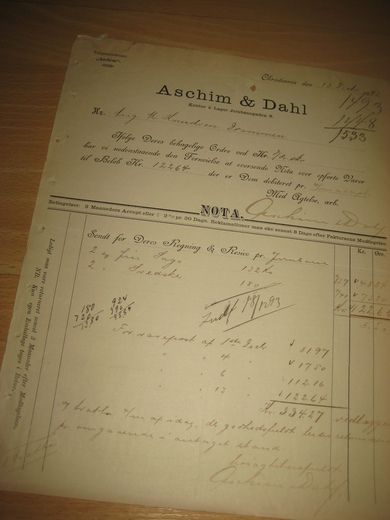 NOTA fra Aschim & Dahl, Christiania, 18. December 1893.