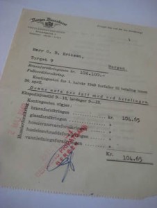 Norges Brandkasse, Bergen, kontingent for brandforsikrings premie for 1. halvår 1949.