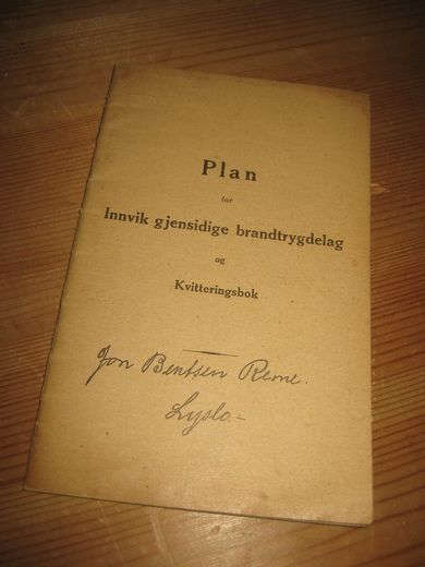 Plan for Innvik gjensidige brandtrygdelag og kviteringsbok. 1935.