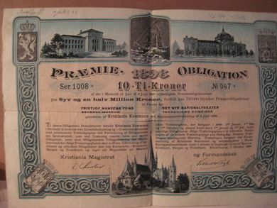 1898, PRÆMIE OBLIGATION til Fordel for Fritjof Nansens Fond og Det Nye Nationaltheater Trondhjems Domkirke. Nr. 047.
