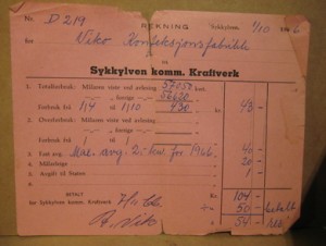 Rekning fra Sykkylven komm. Kraftverk på straum, 1966.