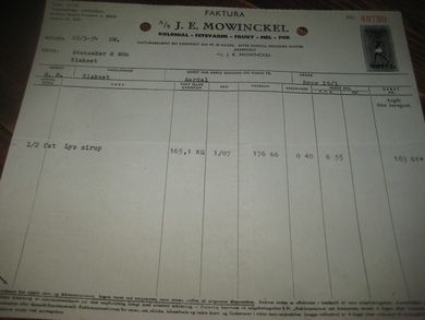 J E MOWINCKEL KOLONIAL - FETEVARER - FRUKT - MEL - FOR Bergen 22 3 1954 48789