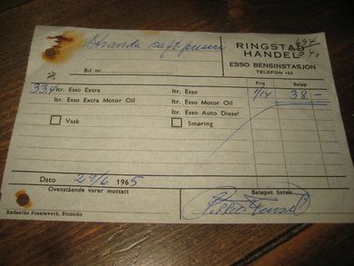 Kvitering fra RINGSTAD HANDEL ESSO BENSINSTASJON STRANDA 29 6-1965