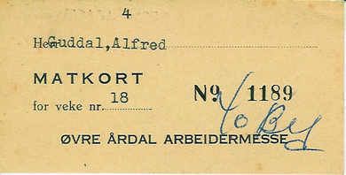1189, Matkort fra ØVRE ÅRDAL ARBEIDERMESSE på 40 tallet.