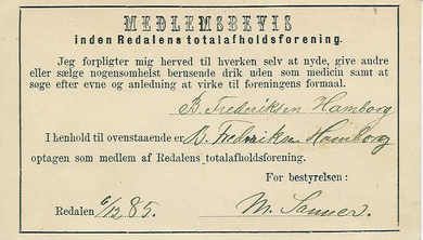 1895 MEDLEMSBEVIS inden Redalens totalafholdsforening