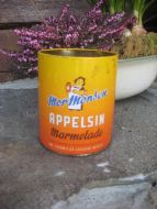 Boks uten lokk Mor Monsen Apelsin marmelade fra Joh Lærum & co Laksevåg Bergen 50 tallet Ca 10 cm i diameter 12 cm høg