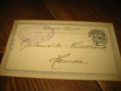 BREV KORT til Oplandske Kreditbank Hamar 1882 Meget pent