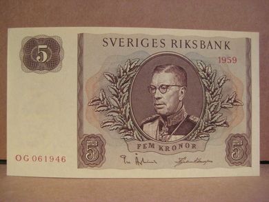 1959 5 KRONOR OG 061946 strøken seddel
