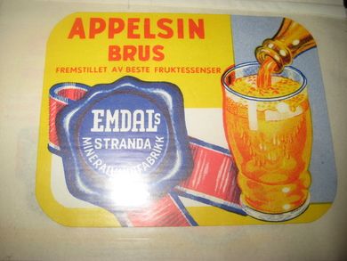 Strøken etikett fra Emdals Mineralvannfabrikk Stranda: APPELSIN BRUS 60- 70 tallet
