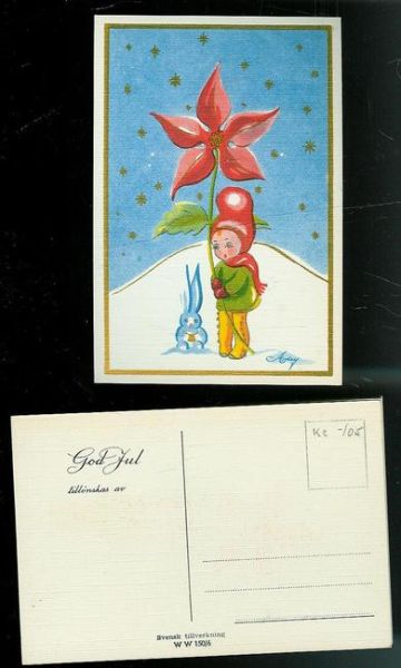 Stor rose og nisse, julekort fra 30 tallet.