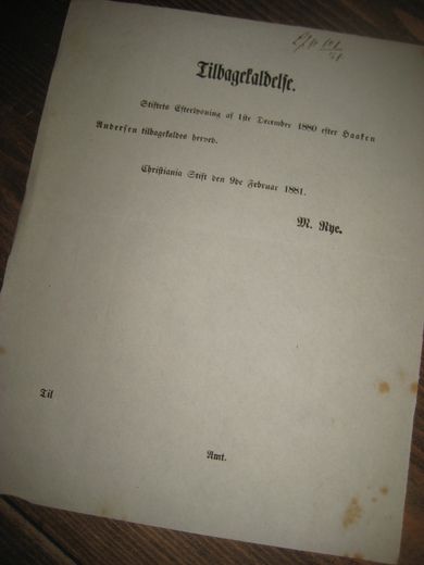 Tilbagekaldelse fra Christiania Stift februar 1881