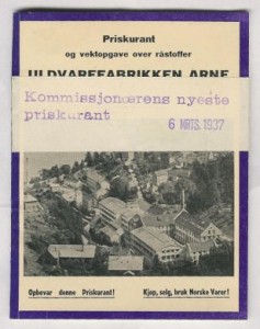 Priskurant fra Uldvarefabrikken Arne 1937
