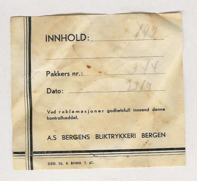 Etikett fra Bergens Blikktrykkeri 1947