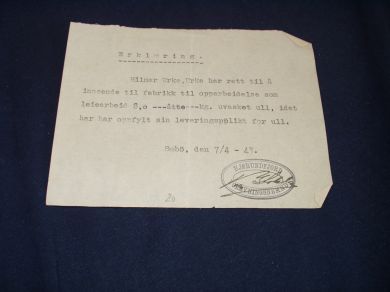 Erklæring om rett til opparbeidelse av uvaska ull 1943